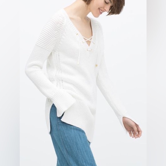 ZARA KNIT WOMENS ITALIAN YARN SWEATER  CHUNKY KNIT LACE UP - Picture 2 of 8